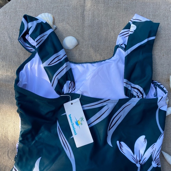 Lovely Floral Ruched Green One Piece Swim Suit - Picture 9 of 15